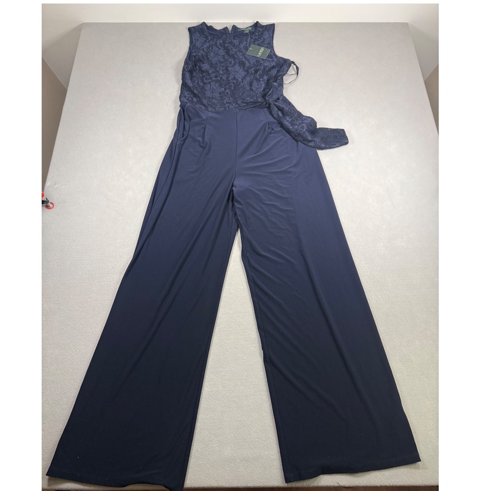 Lauren Ralph Lauren Navy Lace Metallic Wide Leg Jumpsuit Size 8 NWT